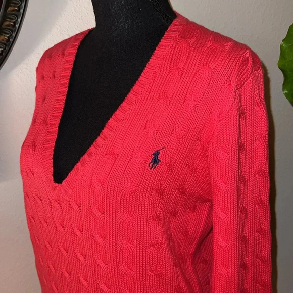 Ralph Lauren Women’s Strawberry Red V-Neck 100% Cotton Cable Knit Sweater XL - Picture 2 of 8